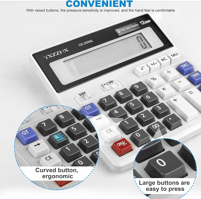 Desk Calculator 12 Digit Extra Large 4.3-Inch LCD Display, Two Way Power