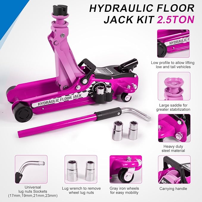 Floor Jack Kit 2.5 Ton (5,500 lbs) | Car Jack - Hydraulic Low Profile Trolley Jack - Tire Tool for SUV and Auto with Lug Wrench Pink