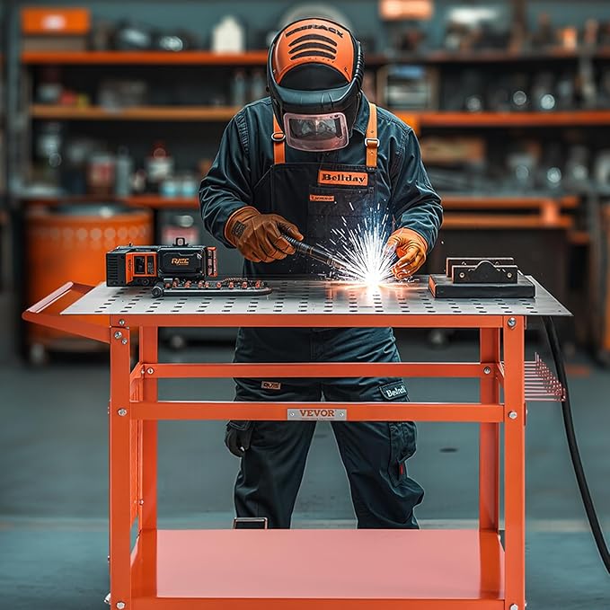VEVOR Welding Table, 40" x 24" Welding Workbench Table with 800LBS Static Weight Capacity, Movable Steel Work Bench with 4 Wheels (2 with Brake), Double-Layer Storage Board and 5/8-inch Fixture Holes