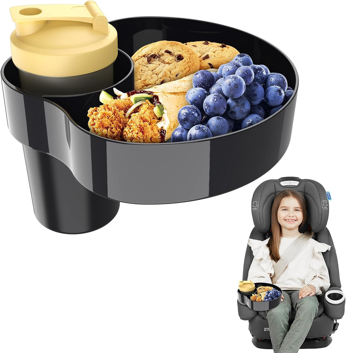 Car Seat Cup Holder Snack Tray for Kids Travel, 1-Pack, Black