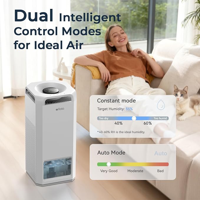 Afloia Air Purifier and Humidifier Combo in One-Cool Mist Evaporative for Home Bedroom Large Roome up tp 3000ft², with Humidity&Air Quality Sensor, Remove Pets Hair Mold Dust Odor Pollen Smoke, White