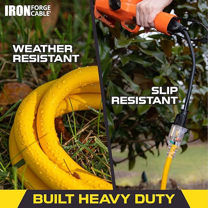 Iron Forge Cable Weatherproof 15 Ft Outdoor Extension Cord - 14/3 SJTW 15 Amp Heavy Duty Yellow Extension Cord 3 Prong - Lighted End