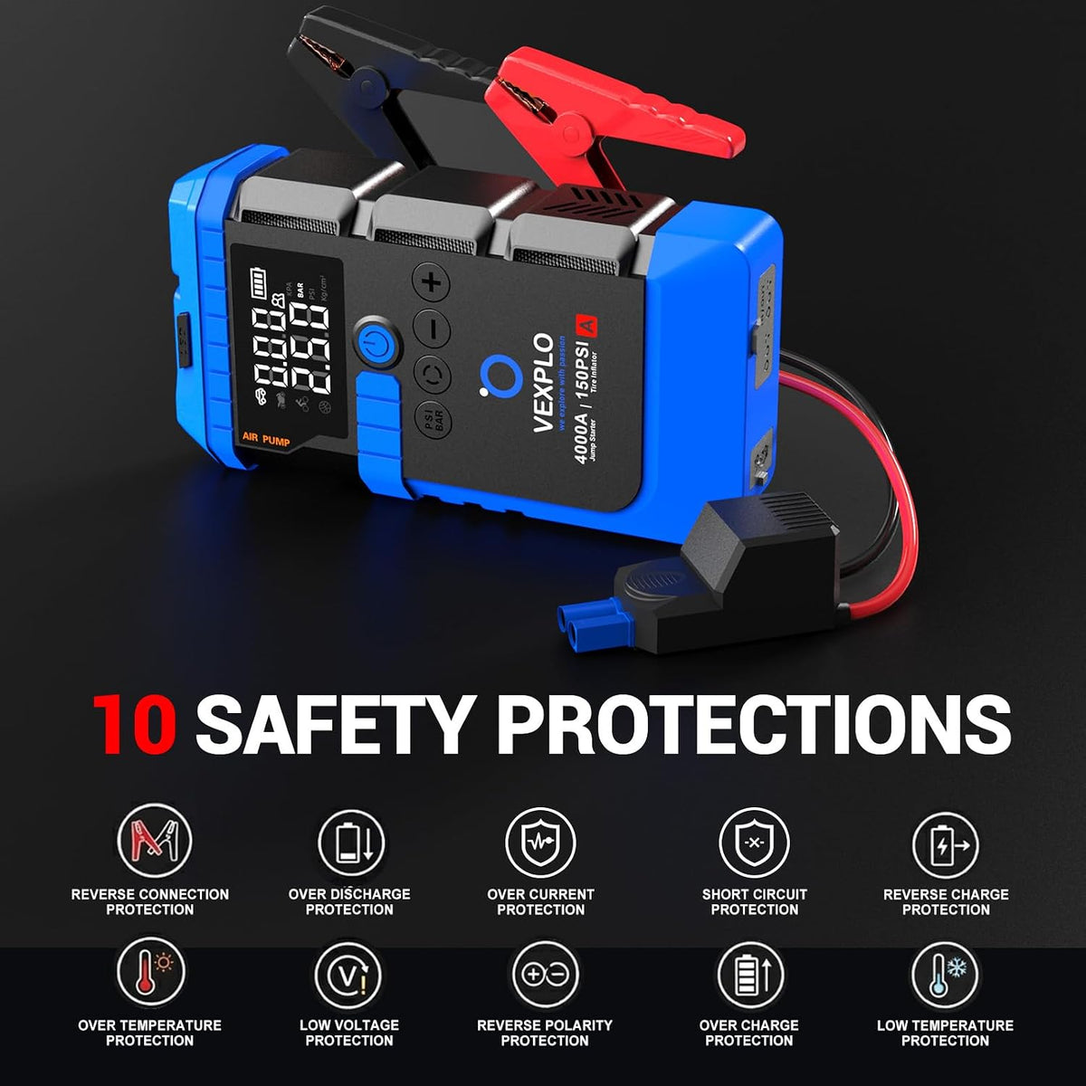 VEXPLO Jump Starter with Tire Inflator Portable Roadside Emergency Car Kit | 4000A Car Battery Jumper Start (9.0Gas/8LDiesel) 150PSI Auto-Off Tire Inflator 45W Fast Charger 8-in-1 Emergency Roadside Kit