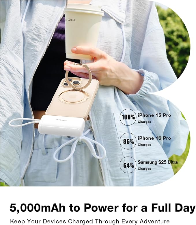 TORRAS iPhone 16 Portable Charger, 5000mAh 22.5W Power Bank with Built-in USB-C Cable, Fast Charge Battery Pack for iPhone 17/16/15, Galaxy S25, Google for Travel Outdoor Hiking Backup Battery, White