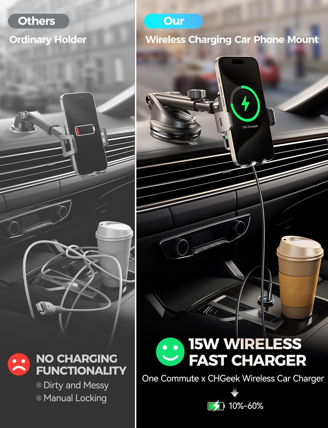Wireless Car Charger with Phone Holder Mount, 15W Fast Charging Auto Clamping Phone Holders for You Car Windshield Dashboard Air Vent Accessories for iPhone, Samsung Galaxy, Google, etc