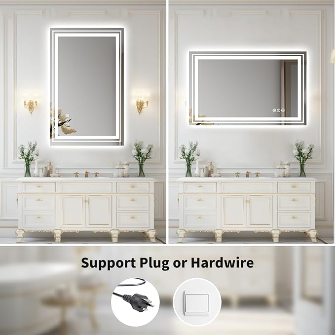 WTTY LED Bathroom Mirror 60"x28" with Back and Front Light,Modern LED Mirror for Bathroom,Stepless Dimmable Lighted Bathroom Vanity Mirror with Anti-Fog,Memory Function,Shatter-Proof