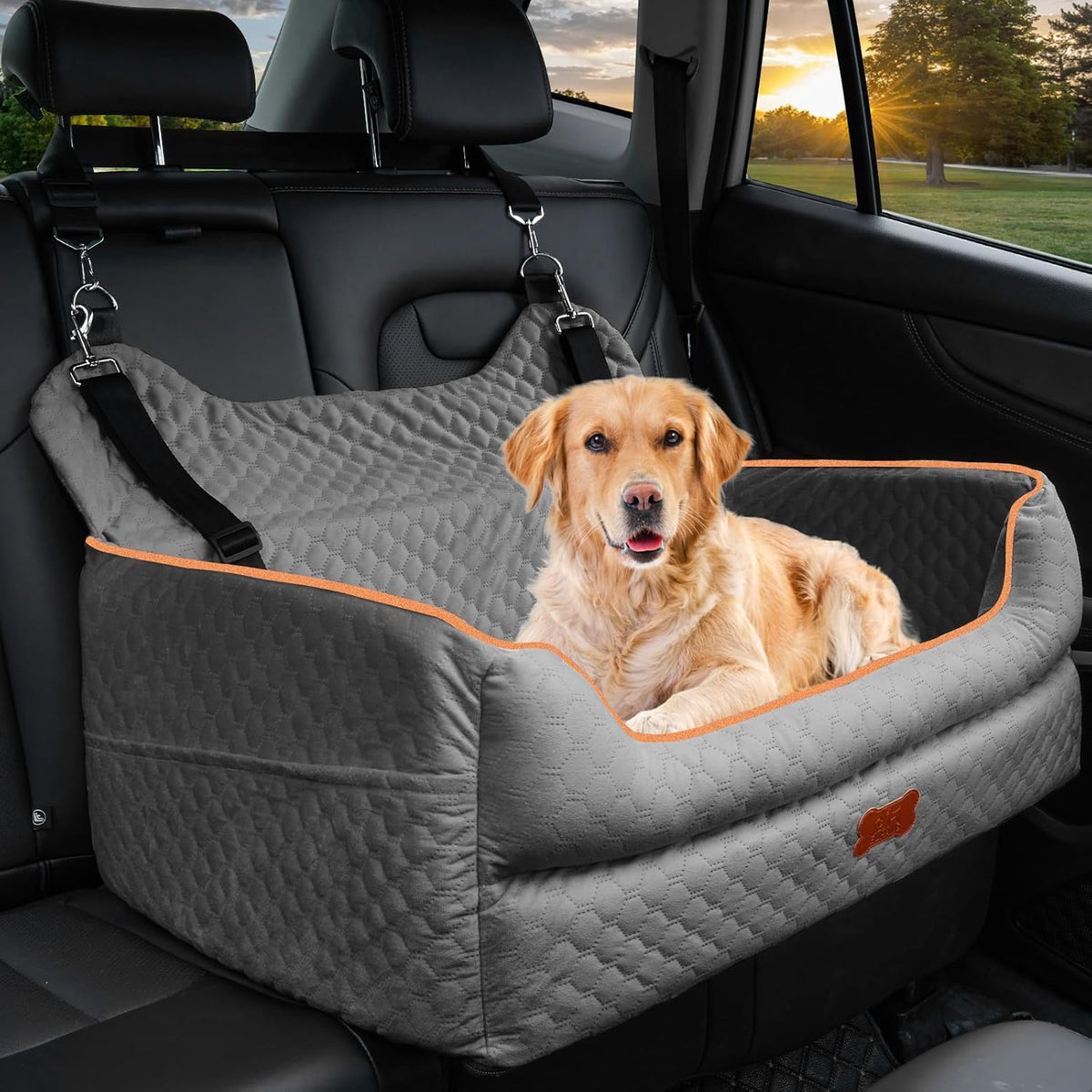 Dog Car Seat for Large/Medium Dogs - Memory Foam Dog Booster Seat for Under 55Lbs or 2 Small Dogs-Detachable and Washable Travel Bed with Thick Cushion and Storage Pockets-Grey