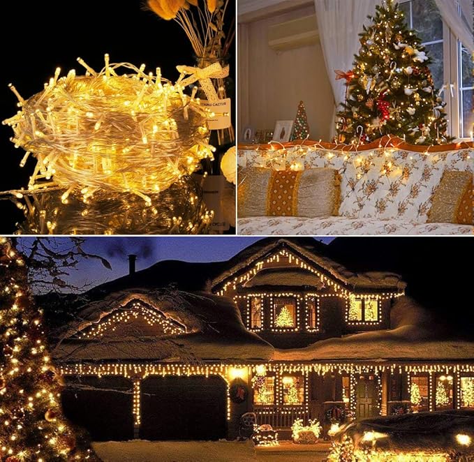 Christmas String Lights - 220 LED 25m/82ft 8 Modes End-to-End Plug in Indoor/Outdoor Waterproof Decorative Fairy Twinkle Lights String for Tree/Wedding/Thanksgiving Day/Patio/Room/Home - Warm White