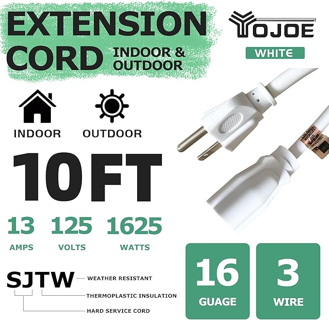 YOJOE Indoor Outdoor Extension Cord, 3 Prong 13A Weatherproof Power Cord, 16 Gauge Heavy Duty 10 ft White Extension Cord for Garage, Garden and Home, 16/3 SJTW UL Listed