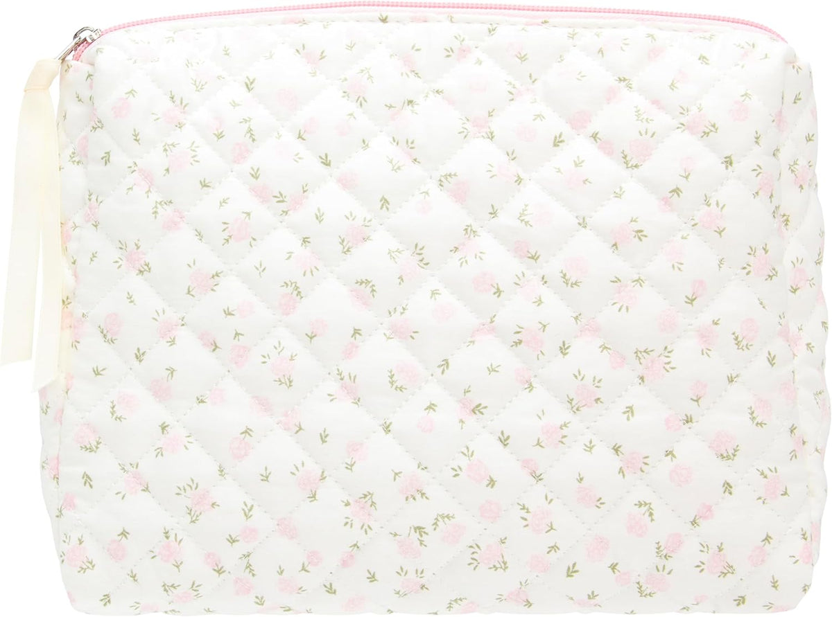 Quilted Makeup Pouch for Women, Travel Cosmetic&Toiletry Bag,Flower Pink