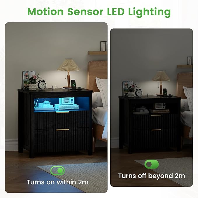 HNEBC Set of 2 Smart Farmhouse Nightstands with Gun Safe Drawers, 3-Color Auto LED Lights, Built-in Charging Station & Hidden Compartment, Bedroom Bedside Tables Rustic Brown (91111A-2-Black)