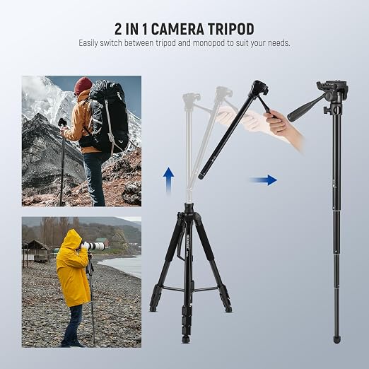 NEEWER Basics TP05 74" Video Tripod Monopod, 3 Way Pan Tilt Head Phone Holder
