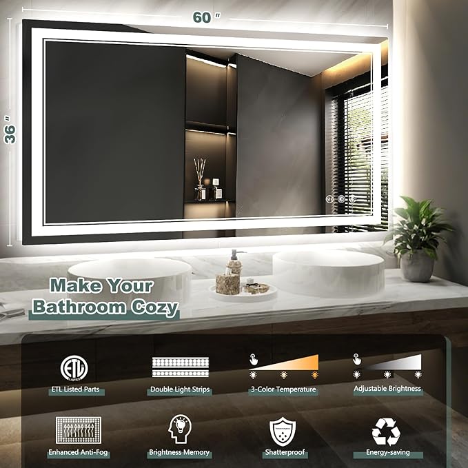 LED Bathroom Mirror with Lights: 60"x36" Wall Mounted Large Lighted Mirrors Fogless, Anti-Fog,Dimmable,Memory Function, Shatterproof Tempered Glass, Espejos para Baños, ETL Listed