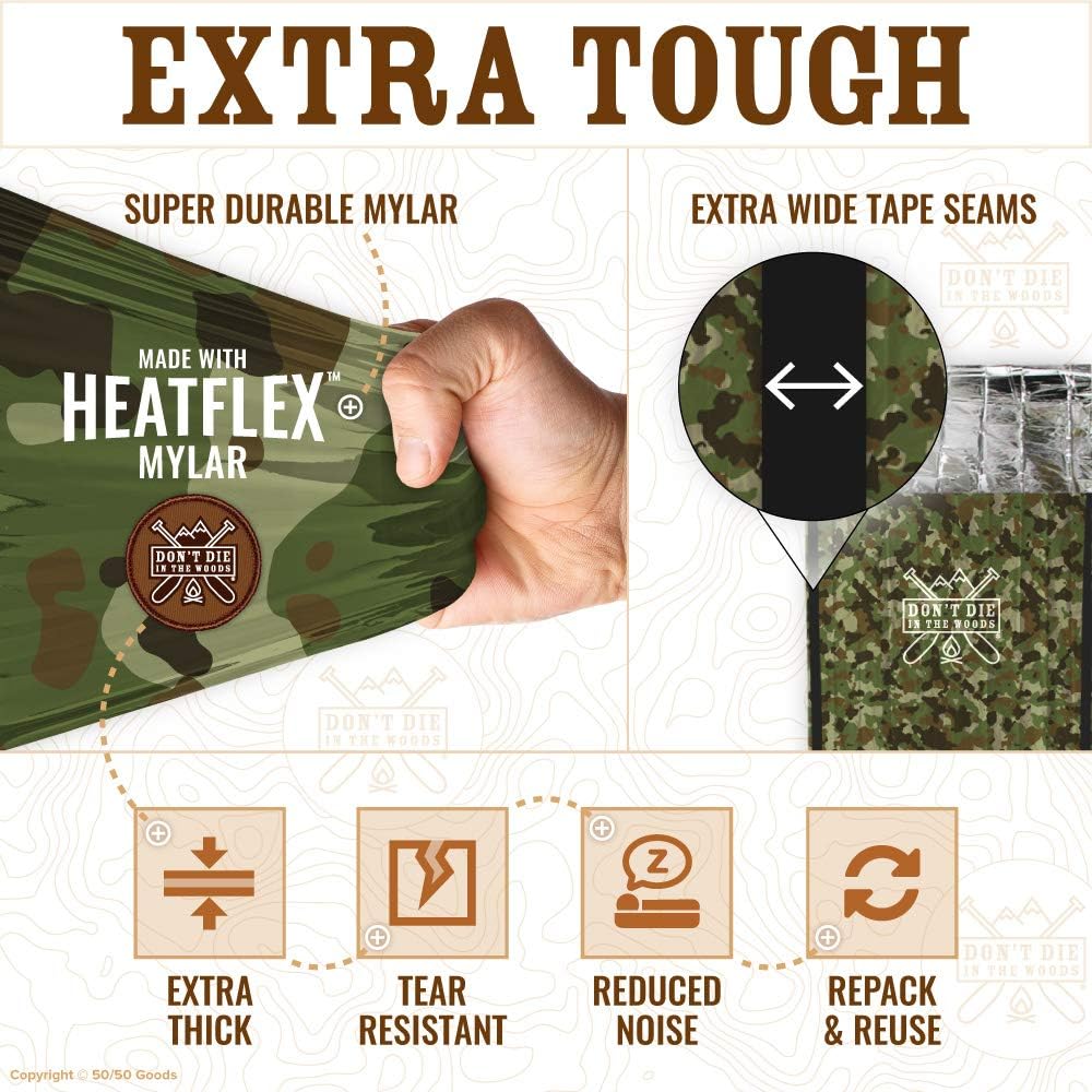 Don’t Die in The Woods - Emergency Sleeping Bag with Hood - Made with Extra Thick Thermal Mylar - for Hiking First Aid Kit Camping Blanket Survival Gear Essentials