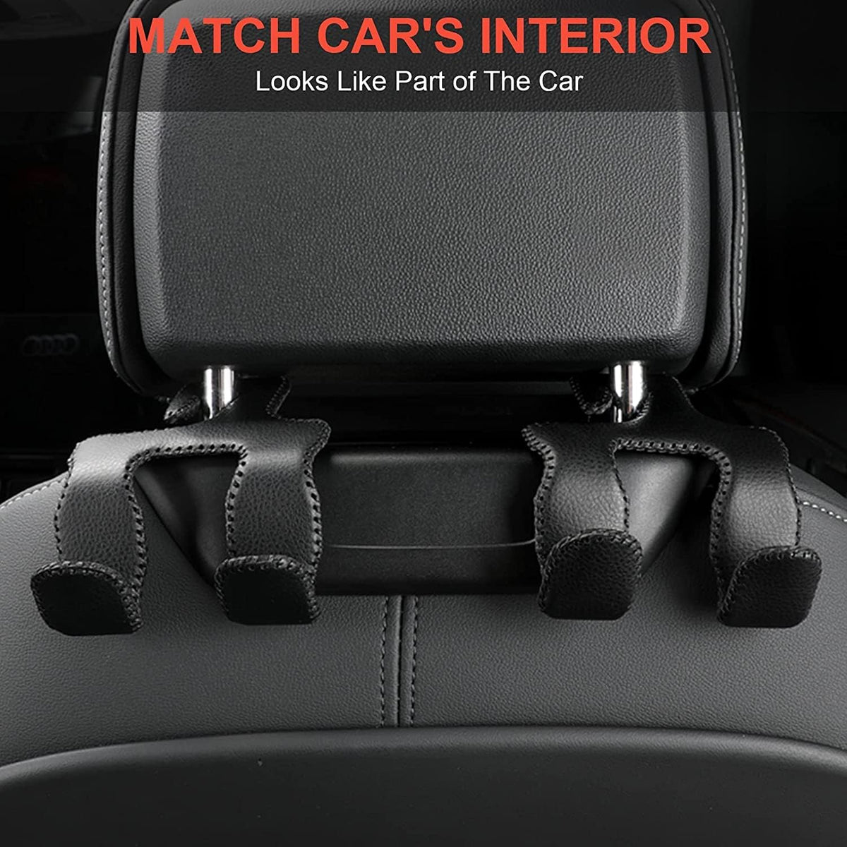 AMVOYOA Car Purse Hook, 2 in 1 Car Seat Headrest Hooks Durable Hanger Storage Holder Leather Organizer for Hanging Grocery Bags, 2 Pack, Brown