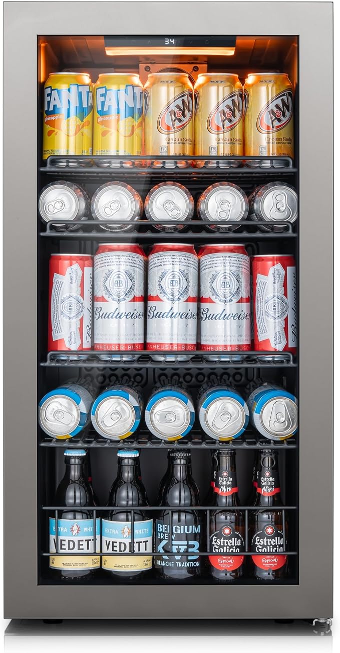 Ca'Lefort 105 Cans Mini Fridge, Beverage Refrigerator Cooler for Drink/Beer | 3.1 Cu.ft, Low-noise, Reversible Glass Door, 3-Color LED Lighting, Adjustable Shelves, 34℉ to 54℉