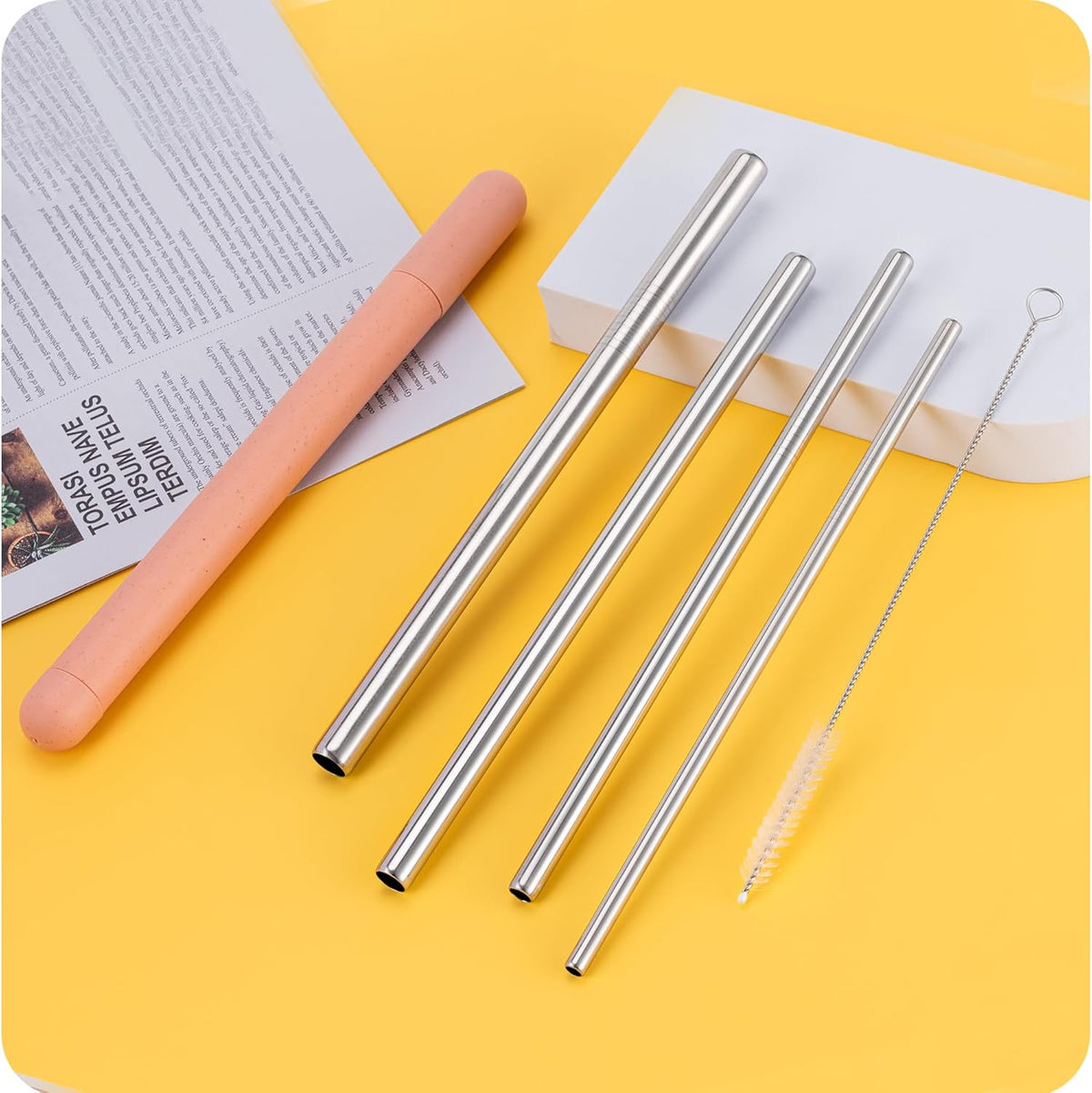 Skiennix 4-Pack Stainless Steel Straw Set - Reusable & Dishwasher Safe - 215mm Length, Multiple Diameters (Black)