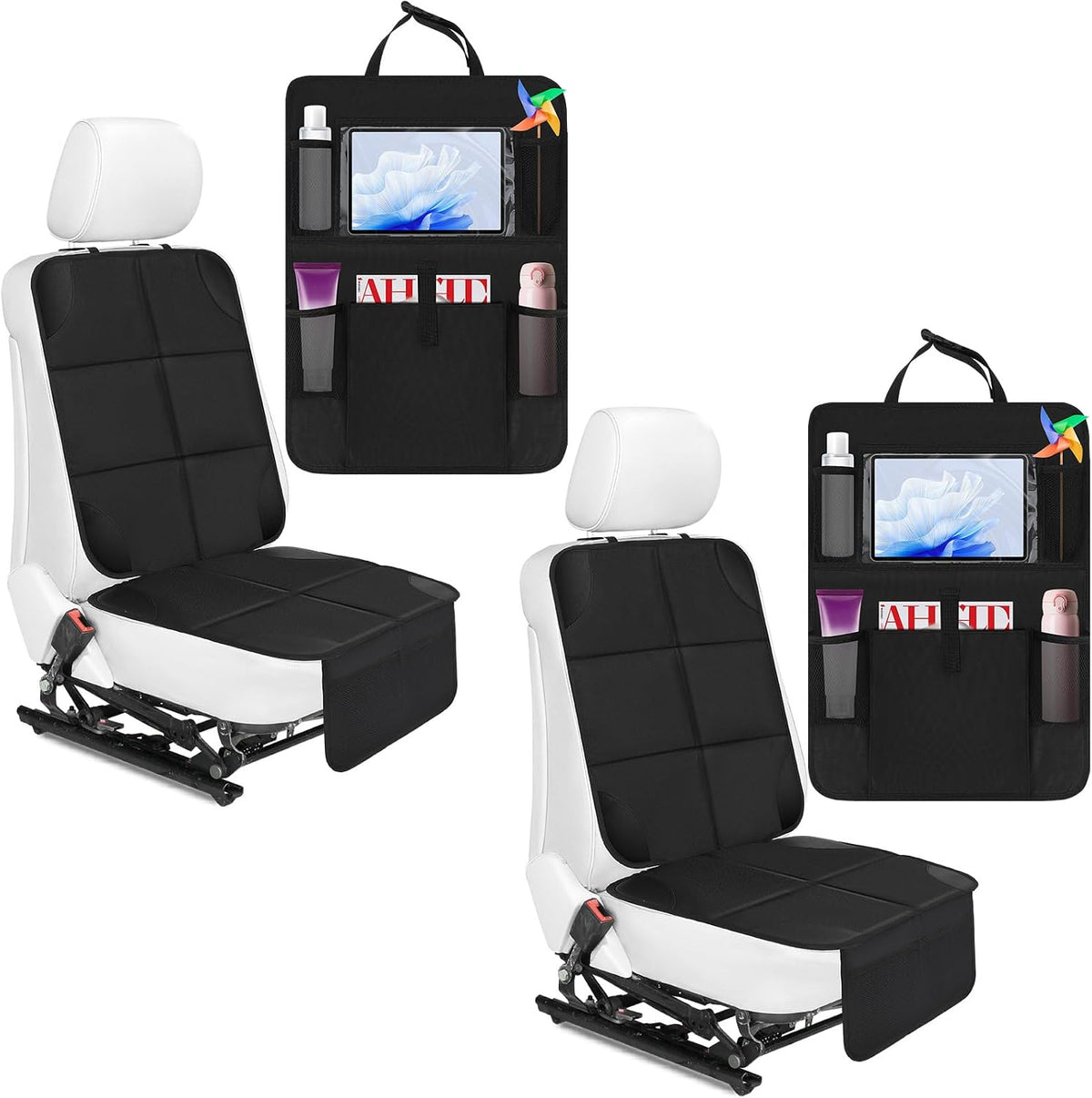 Aurelema 4 Pack Non-slip Car Seat Protector and Backseat Organizer Kick Mat with Tablet Holder, Large Waterproof Car Seat Protector with Storage Pockets for Leather and Fabric