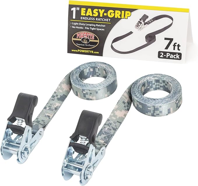 PowerTye Mfg Endless Ratchets - 1in x 7ft Easy Grip (no Hooks) - 400 lb. Working Load Limit / 1,200 lb. Break Strength - Digital Camo 2-Pack