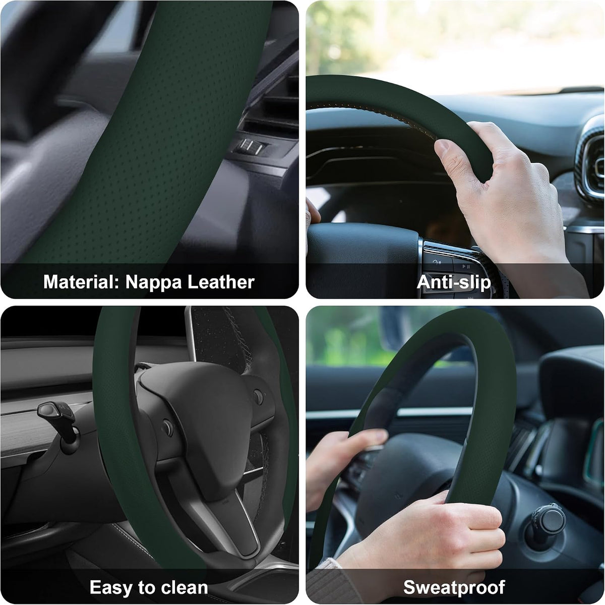 Frani Nappa Leather Steering Wheel Cover, 14.5-15 Inch,Black Green