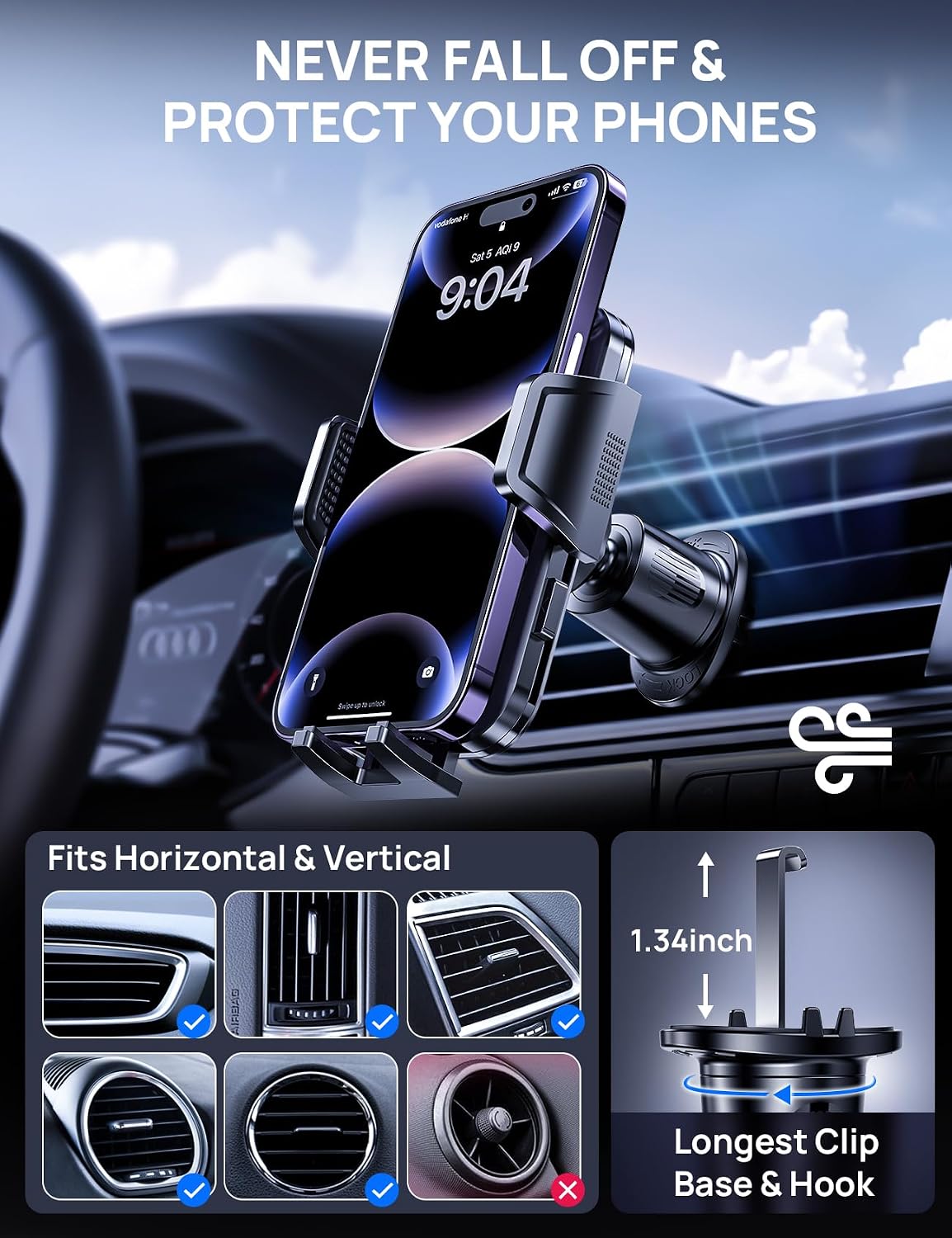 Air Vent Car Phone Holder, Metal Hook Clip, One-Hand Release, Anti-Shake