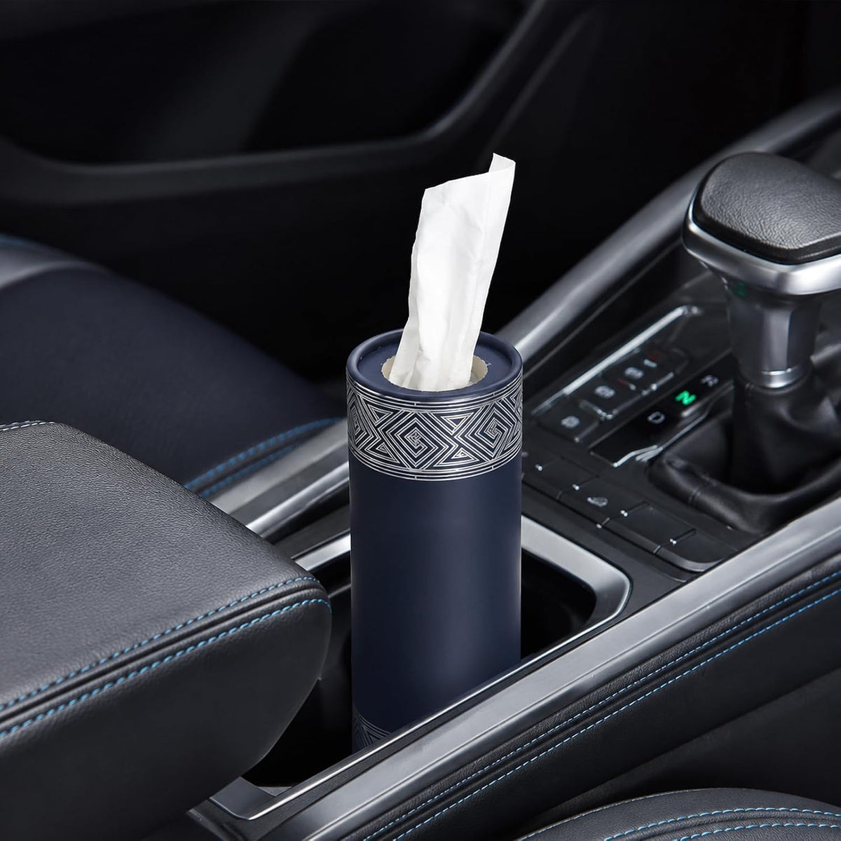 4 Pack Navy Blue Car Tissue Holder with Facial Tissues Bulk, Silver Foil