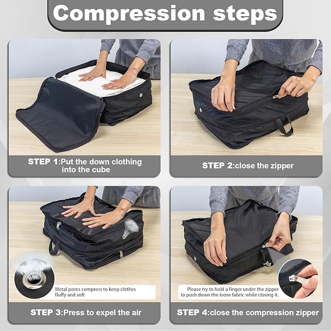 Extra Large Compression Packing Cubes for Travel Essentials, 2 Pack Expandable Travel Cubes for Packing Bags Suitcase Organizer, Black
