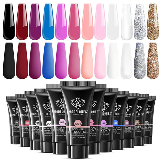 Modelones 12 Colors Poly Nail Extension Gel Kit Pink Black White Red Glitter All Seasons Classic Colors Builder Nail Gel Set Hol