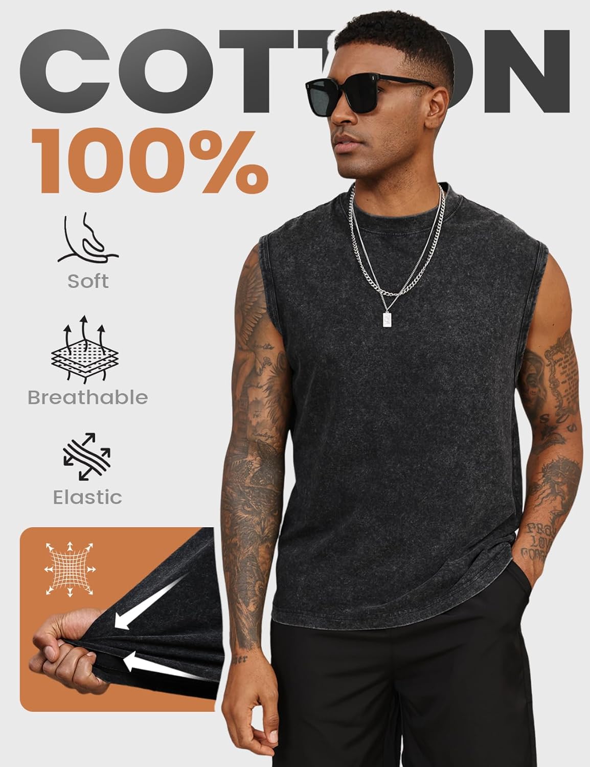 Yimoon Men's Workout Tank Tops - Sleeveless Cotton Acid Wash Gym Shirts | Loose Fit Muscle Tees