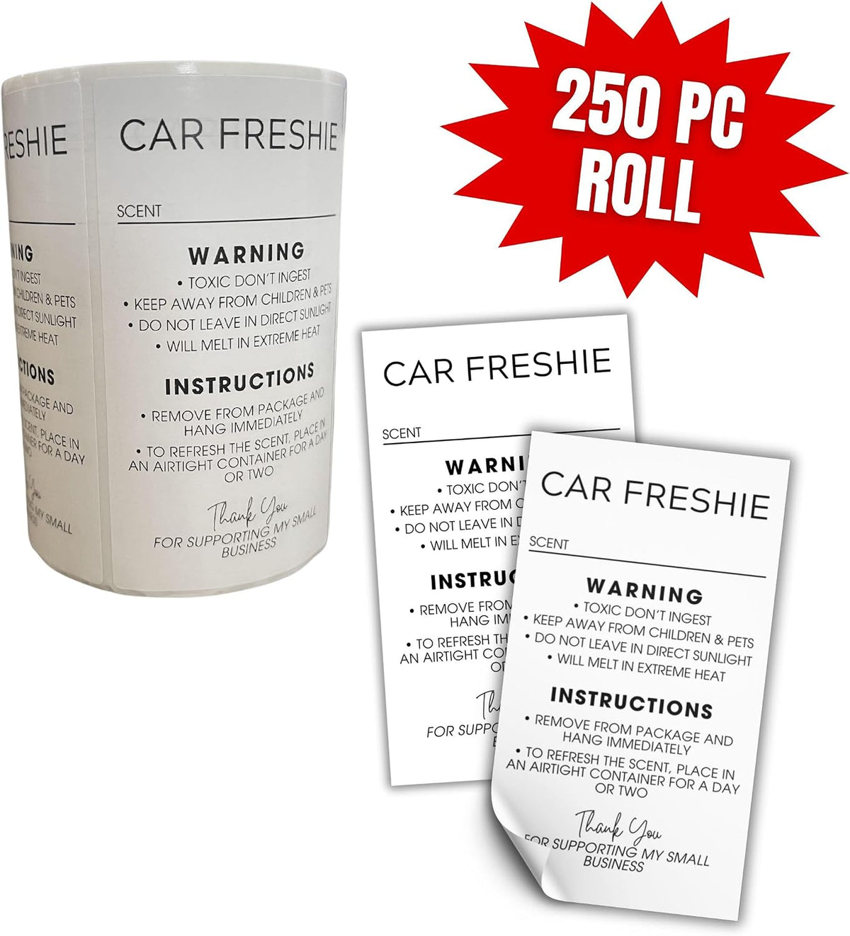 Freshie Care Instructions and Warning Labels Stickers | 2x3.5” 250 pc Roll Car Air Freshener Cards Inserts for Holographic Bag Package Write in Scent