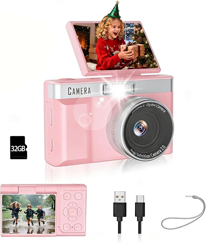 Kids Digital Camera with 180° Flip Screen, 32GB Memory Card Digital Cameras