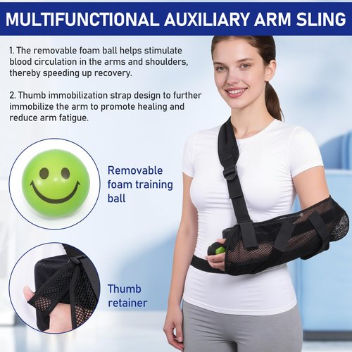 GAOUREL Comfortable arm sling Equipped with a padded sling, removable abduction pillow, training ball, and stabilization support plate to help you recover comfortably after a rotator cuff tear and arm pain.（Black-pillow)