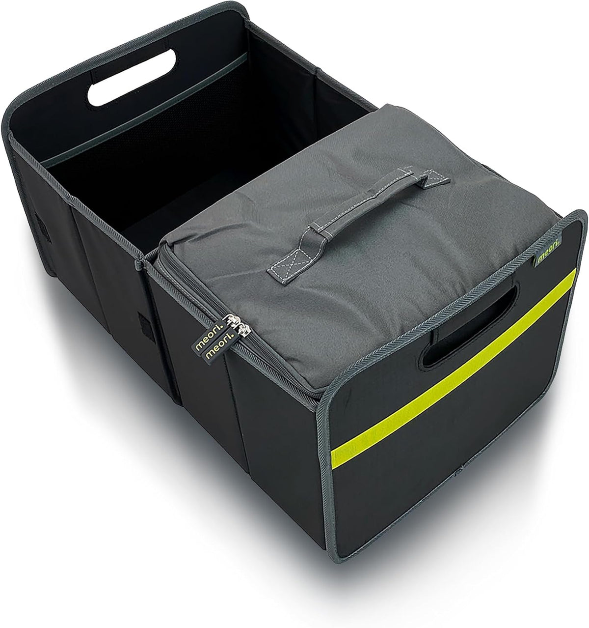 meori Collapsible Trunk Organizer for Car with Cooler for Groceries Road Trips 2 Compartments Heavy Duty Mesh Pocket Ripstop