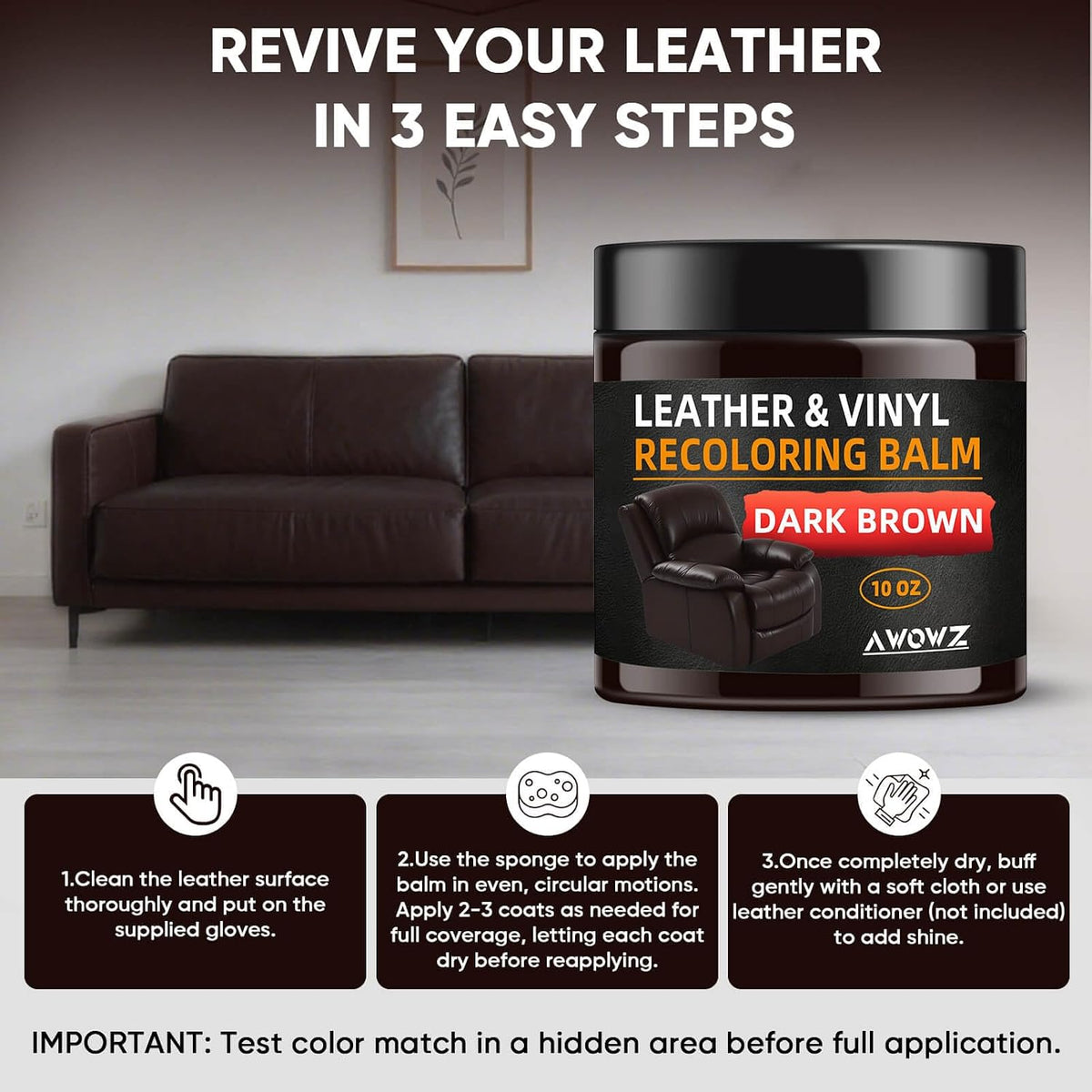 Leather Recoloring Balm - Scratch Repair & Color Restore Kit for Faded Leather, Leather Couch & Car Seats - 10OZ Leather Restorer Balm for Furniture, Auto Interior, Vinyl, Accessories (Dark Brown)
