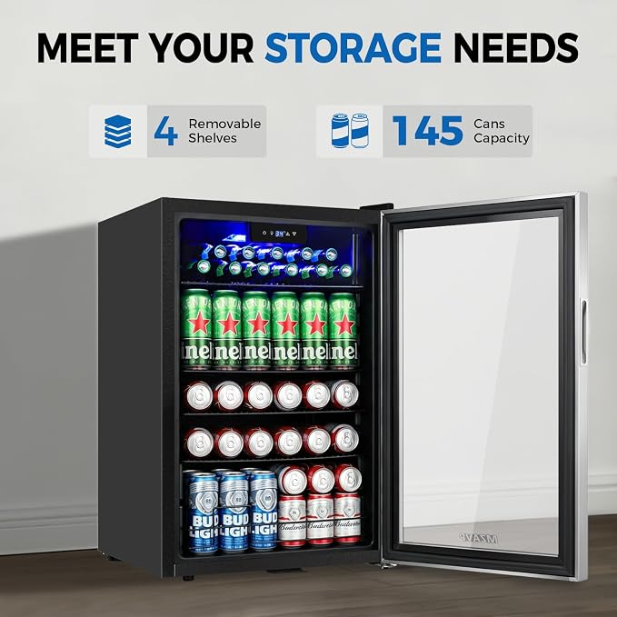20 Inch Beverage Refrigerator Cooler, 145 Cans Mini Fridge with Glass Door&Lock, Small Drink Cooler Freestanding/Counter-Top for Soda, Beer with LED Light for Home Bar Office - 3.4 Cu.Ft, Silver