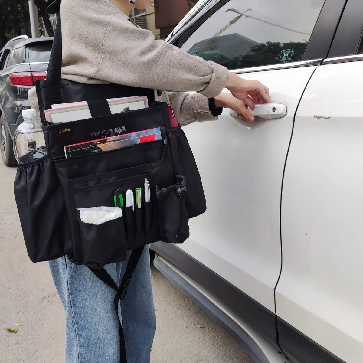 ECWKVN Car Front & Back Seat Organizer with Dedicated Tablet/Laptop Compartment, Passenger Seat File Storage with Cup Holder, Adjustable Backrest, and Padded Shoulder Strap