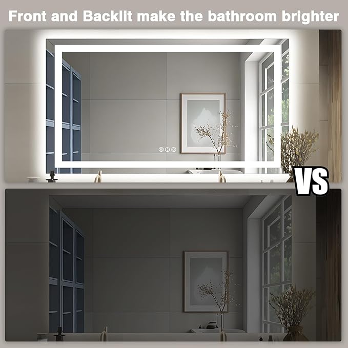 55"x30" LED Bathroom Mirrors for Wall, Front and Backlit Mirror, Anti-Fog Vanity Mirror with Lights, Stepless 3 Colors Dimmable Lighted Mirror(Horizontal/Vertical)