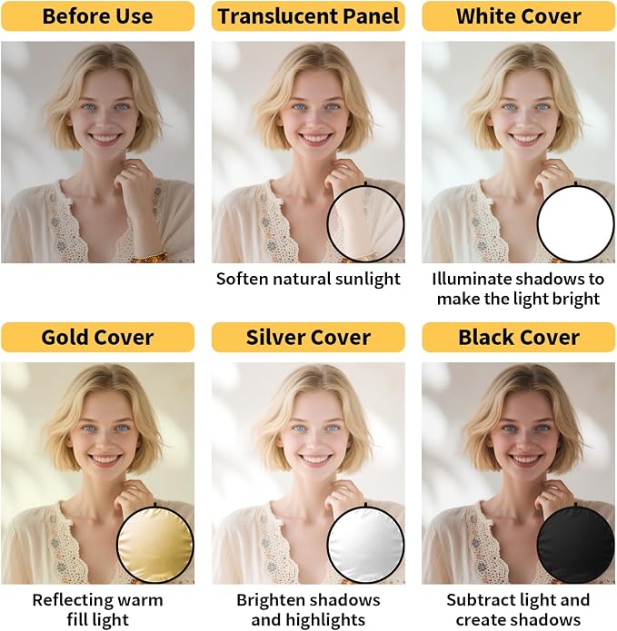 24/32/43/52in Reflector Photography, 5 in 1 Light Diffuser