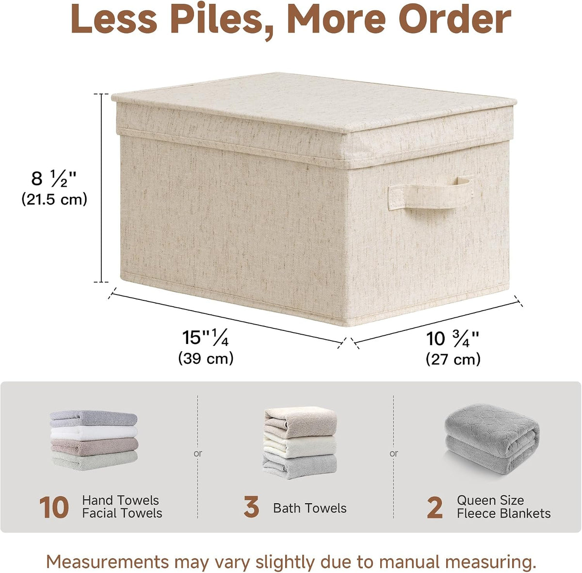 StorageWorks Fabric Storage Bins with Lids, Decorative Storage Bins with Soft Handles, Foldable Storage Baskets for Closet, Shelves, Stackable and Sturdy Organization, Beige, Large, 3-Pack