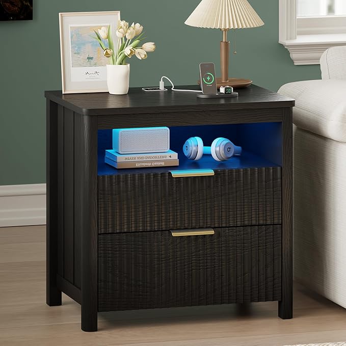 HNEBC Set of 2 Smart Farmhouse Nightstands with Gun Safe Drawers, 3-Color Auto LED Lights, Built-in Charging Station & Hidden Compartment, Bedroom Bedside Tables Rustic Brown (91111A-2-Black)