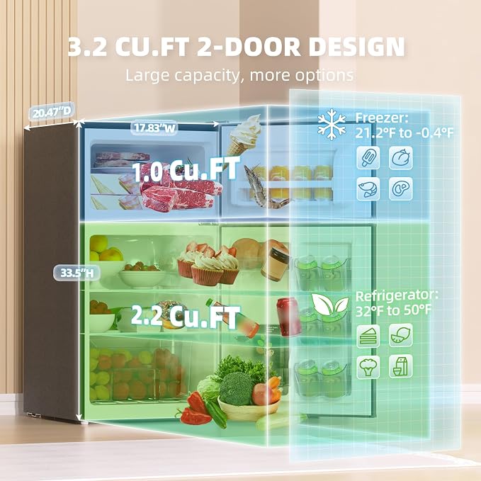 Mini Fridge with Freezer 3.2 Cu.Ft. 2 Door Refrigerator and Freezer Small Fridge for Bedroom Home Office Dorm, Small Drink Chiller, 37 dB Low Noise, Black