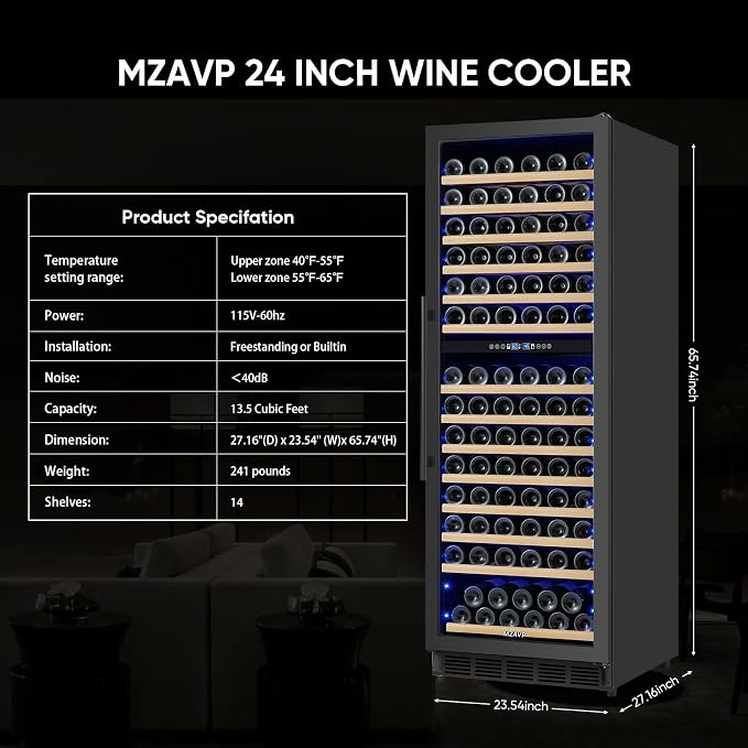 Dual Zone Wine Cooler Refrigerator, 24 Inch Wine Fridge Freestanding or Built-in, 154 Bottle Large Capacity Wine Cooler with Advanced Compressor, Air-circulation System and Low Noise - Black