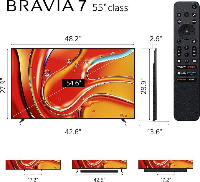 Sony 55 Inch BRAVIA 7 Mini LED QLED 4K HDR Smart Google TV (K-55XR70) | XR Processor with AI Technology, Dolby Vision/Atmos, PS5 Features, XR Backlight Master Drive, 4K movie credits included