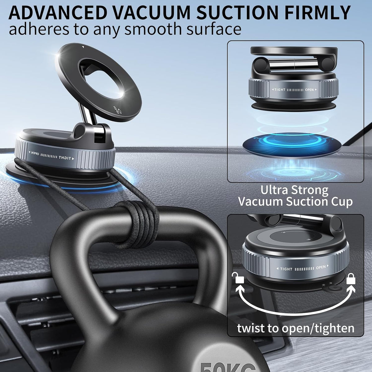 Galundge Vacuum Suction Magnetic Phone Holder, 2026 Upgraded Foldable Retractable Suction Cup Car Phone Mount for Magsafe, 360° Adjustable Magnetic Phone Stand for Cars/Gyms/Mirrors/Smooth Surface
