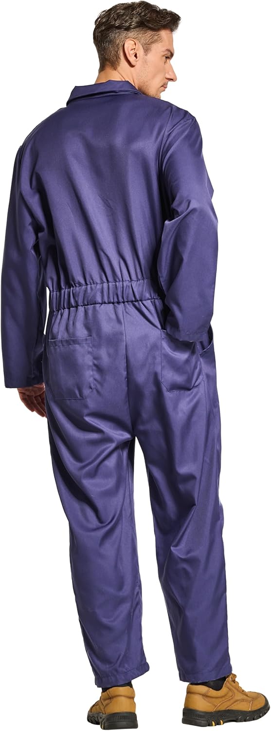 VOGRYE Men's Coverall Jumpsuit - Long Sleeve Work Uniform with Zippered Pockets & Elastic Waist