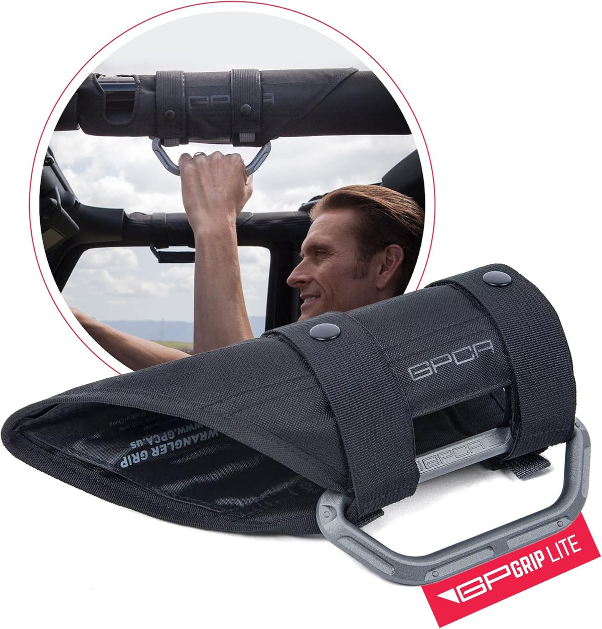 GPCA - GP Grip LITE Grab Handle, Aluminum Metal Patented Roll Bar Grab Handles Made for Jeep Wrangler 4xe, JL, JT, JK, Sport, Sahara and Rubicon 4DR/2DR 2007-2023, Single, Metallic