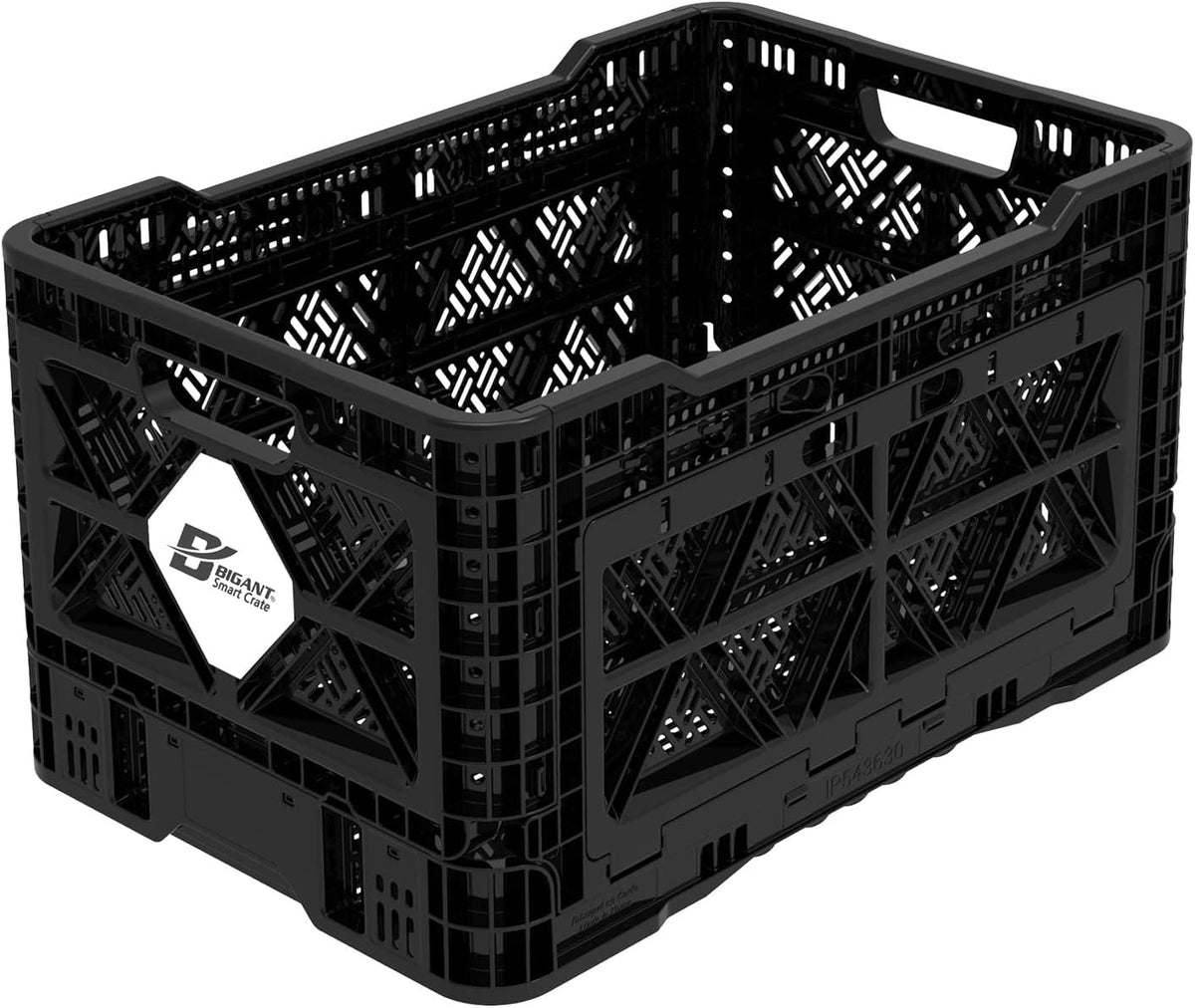 Bigant Heavy Duty Collapsible & Stackable Plastic Milk Crate-Medium Size, Black, Stackable Open Front Organizer, Set of 1, Snap Lock Foldable Industrial Garage Storage Bin Container Utility Basket