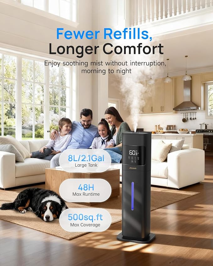 Warm & Cool Mist Humidifiers for Bedroom 500 sq ft, 2.1Gal/8L Humidifier Large Room with Essential Oil Diffuser, Top-Fill Large Room Humidifiers for Home Baby Nursery Plants Office