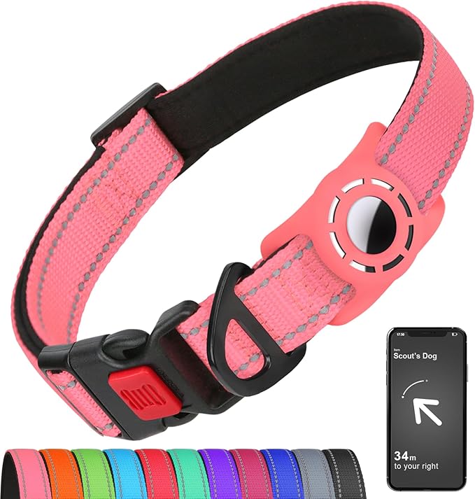 Airtag Dog Collar with AirTag Holder for Medium Dogs, Reflective, Soft Padded & Safety Locking Buckle, Nylon Pet Collars Adjustable for All Breeds, Pink,M
