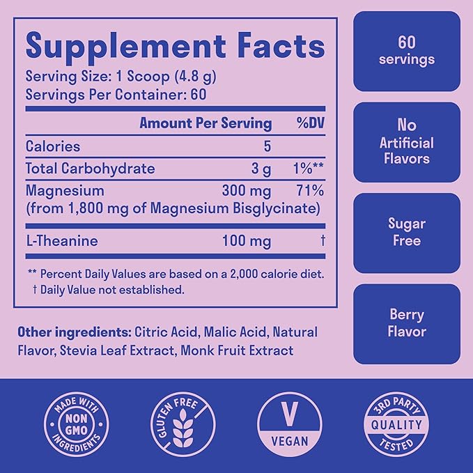Magnesium Glycinate Powder + L-Theanine | 60 Servings | 300 mg per Scoop High Absorption Chelated Magnesium Powder for Sleep - Natural Mixed Berry Flavor, No Sugar, Support Restful Sleep & Relaxation